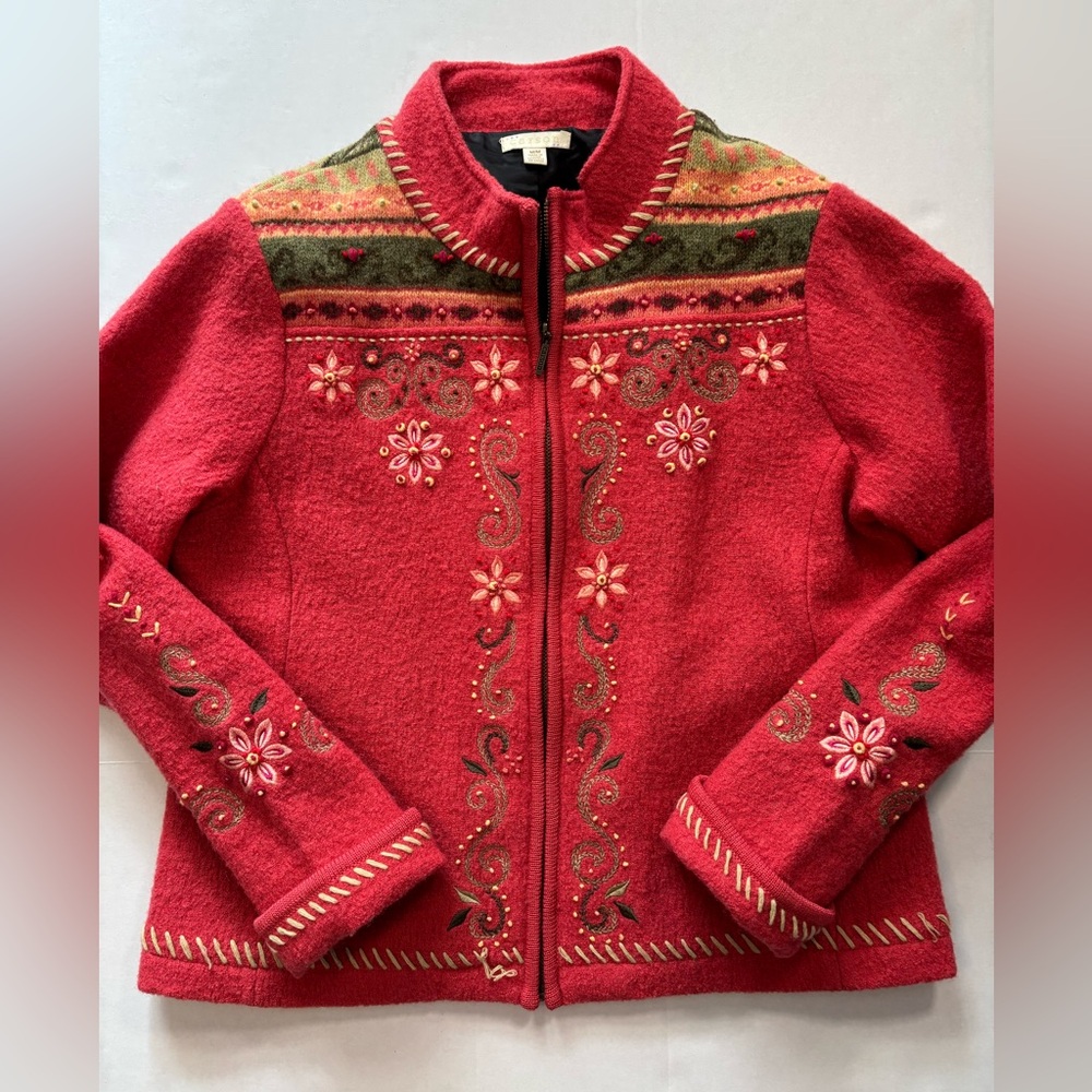 Carson Jacket Womens Medium orange/ coral Wool Boiled Vtg Coat Artsy‎ Embroidery